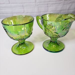 Vintage Indiana Glass Harvest Grape Lime Green Carnival Creamer & Sugar Set